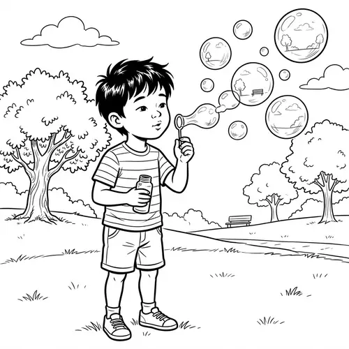 Young Asian Boy Blowing Soap Bubbles | Classic Comics Style