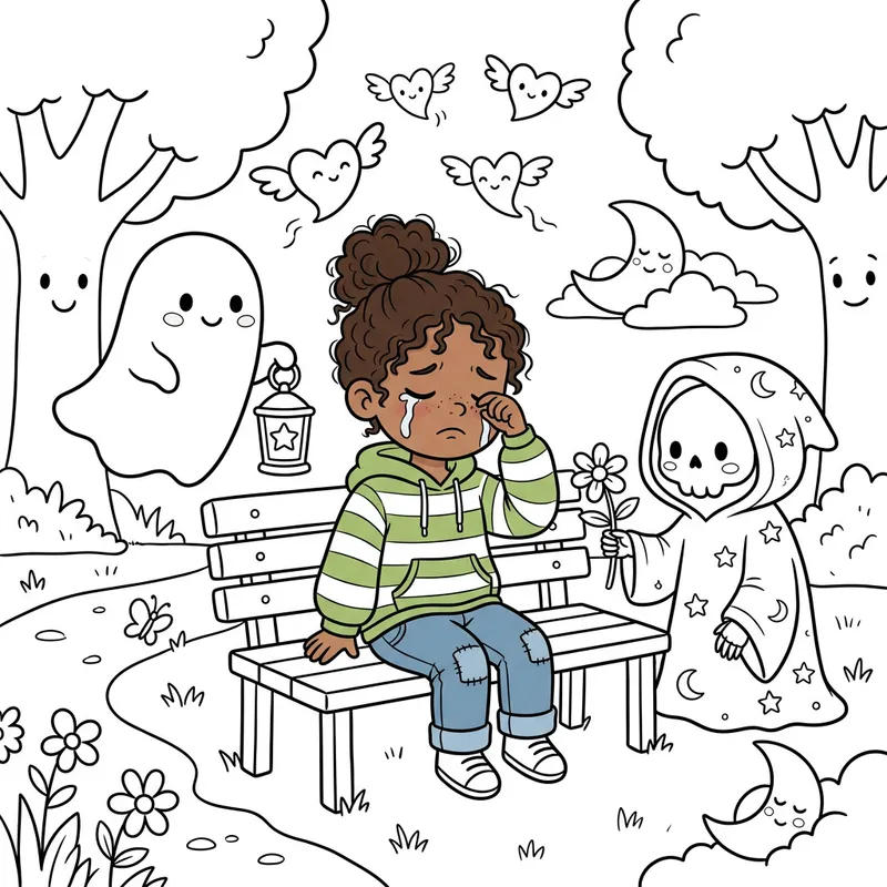 Crying Child Surrounded by Death in Cartoon Drawing