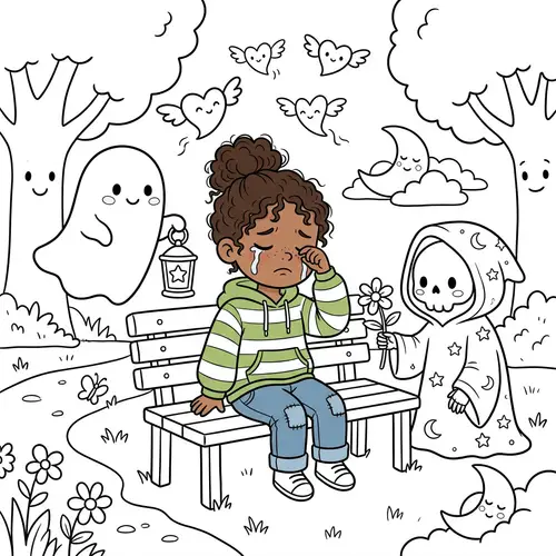 Whimsical Cartoon Drawing of Crying Child Surrounded by Demise Concept