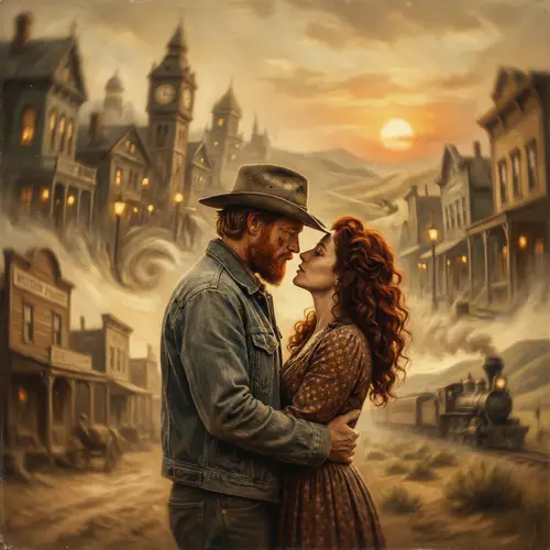 Passionate Cowboy Embracing Auburn Woman in Cityscape