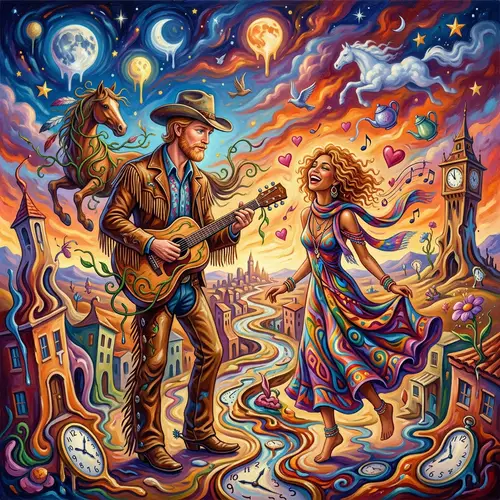 Surreal Oil Painting: European Cowboy and City Girl Encounter