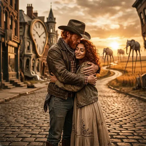 Vintage Cowboy & Auburn Beauty Embrace in Surreal Urban Setting