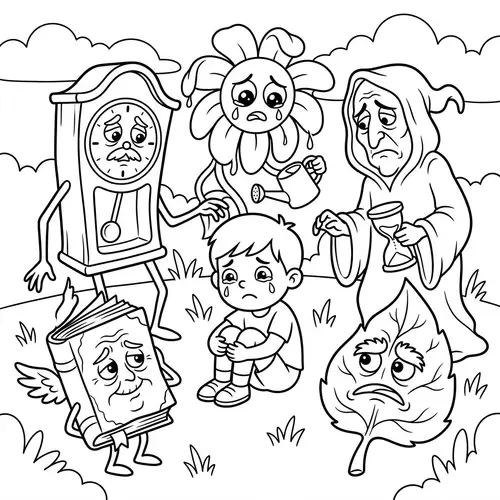 Whimsical Cartoon Illustration of Mortality Concept surrounding a Sad Child