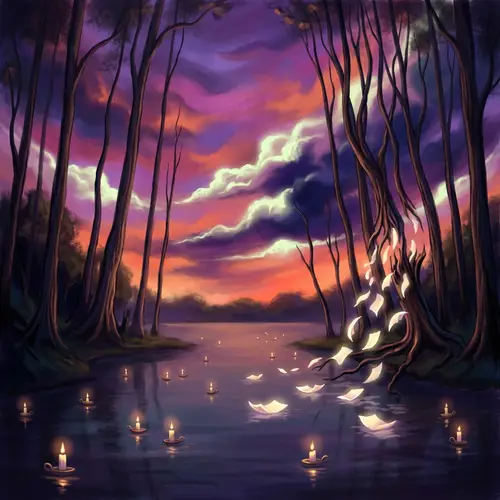 Tranquil Lake at Sunset with Floating Candles | Dreamlike Scene