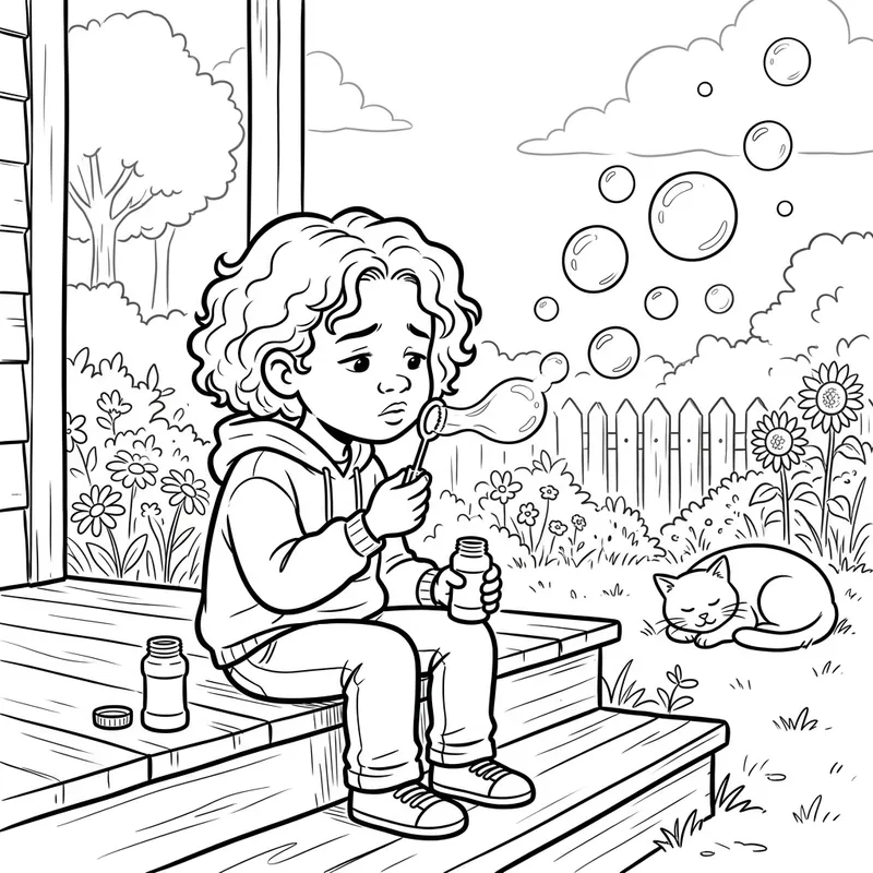 Sad Child Blowing Bubbles: Comic-Like Scene of Innocence