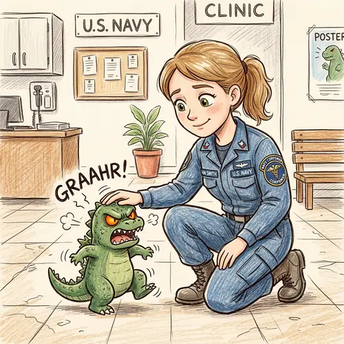 Navy Corpsman Calms Tiny Godzilla: Cartoon Fun