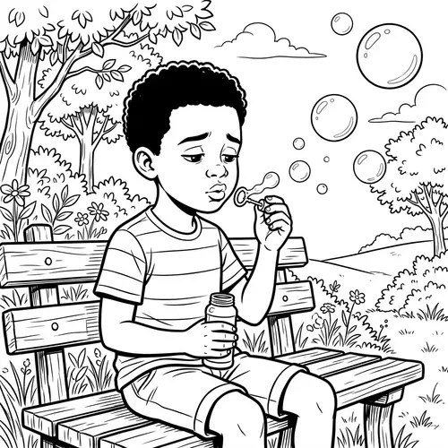 Saddened Young African Boy Blowing Bubbles in Monochrome Illustration