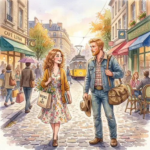 Whimsical Urban Romance Watercolor Painting - Love at First Sight