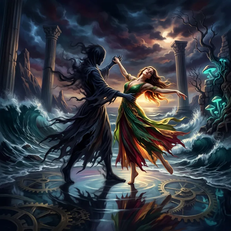 Captivating Dance of Death in Surrealist Setting