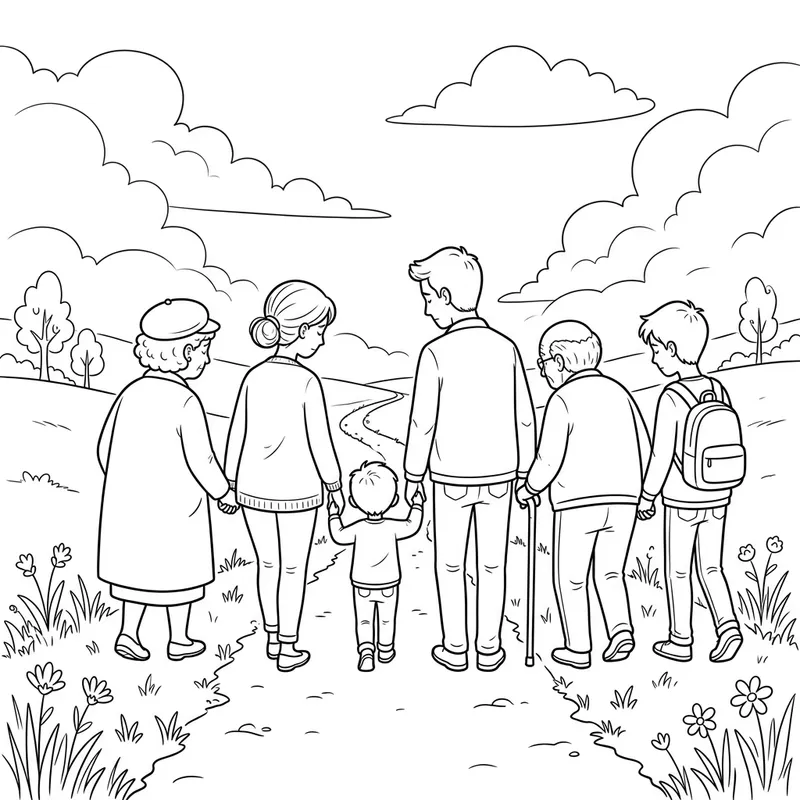 Whimsical Family Walking on Path Coloring Page in Mourning Theme