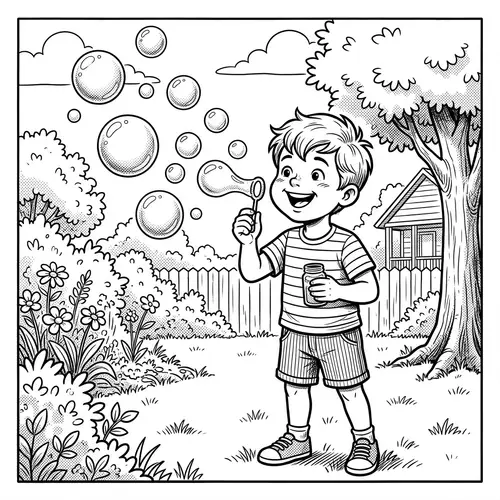 Vintage Comic Inspired Child Blowing Bubbles Coloring Page