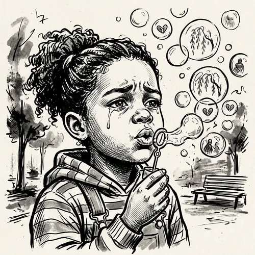 Diverse Child Blowing Bubbles: Monochrome Illustration