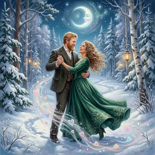 Enchanting Dance Under Moonlit Sky in Snowy Forest