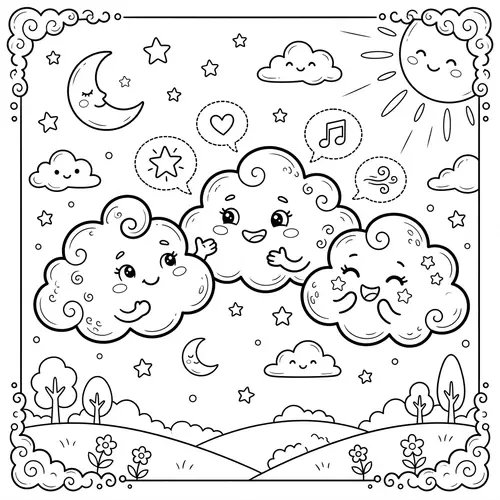 Enchanting Whimsical Clouds Coloring Page for Children