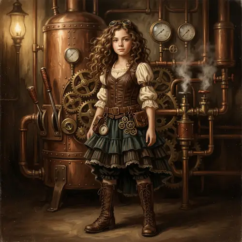 Steampunk-Inspired Young Girl Stands in Front of Magnificent Steam Machine