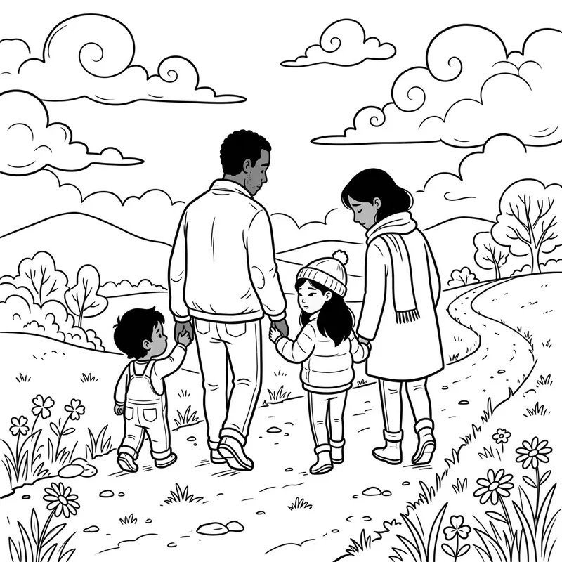 Whimsical Cartoon of Family Mourning Hand in Hand