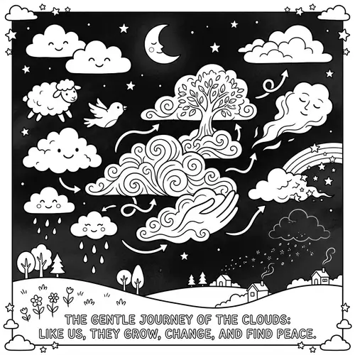 Black and White Children's Coloring Page Clouds - Natural Life Concept