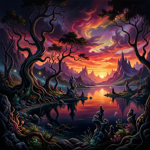 Surreal Sunset Scenery: Twisted Trees & Vibrant Colors