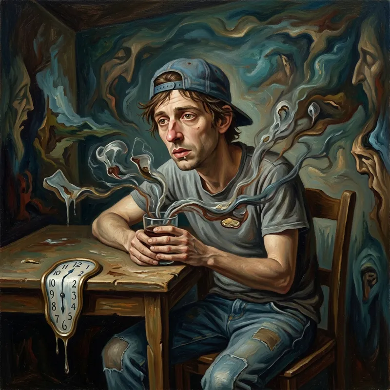 Surrealist Artwork: Emotionally Charged Man in Drug Addiction Turmoil