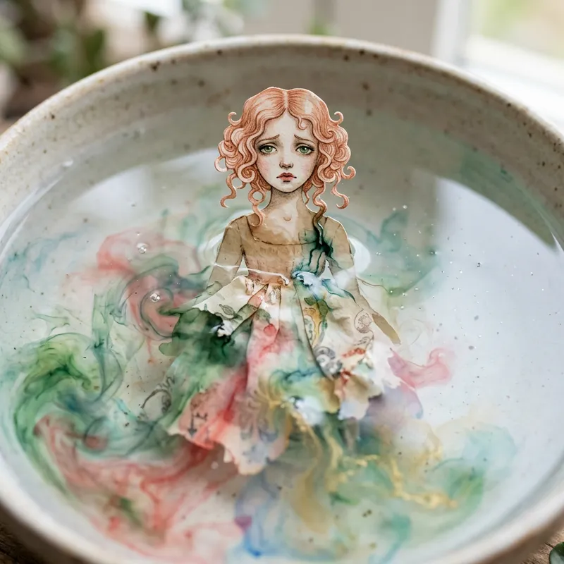 Surreal Watercolor Doll Transcending in Enchanting Pool
