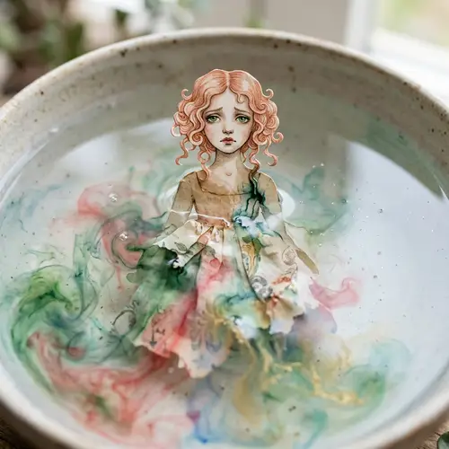 Ethereal Watercolor Doll Dissolving in Pool of Color
