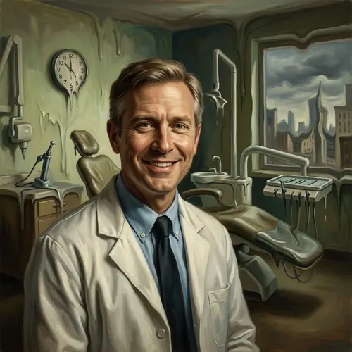 Surrealist Dentist: Enigmatic White Lab Coat Scene