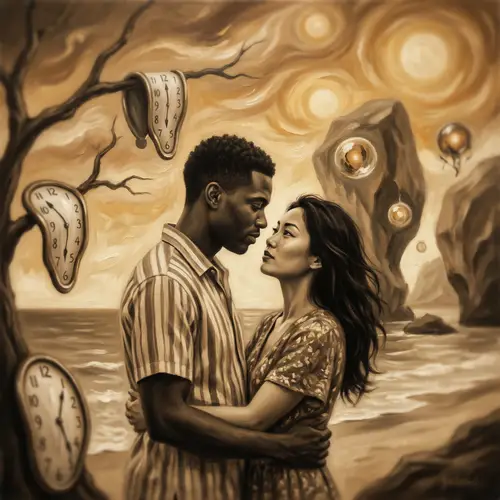 Diverse Couple Embrace on Surrealistic Beach | Romantic Oil Painting