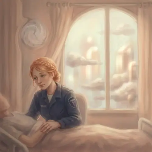 Empathetic Caucasian Female Hospital Corpsman Providing Serene Care in Dawn-lit Hospital Room