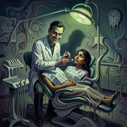 Surrealist Dentist Portrait: Male Dentist and Female Patient Encounter