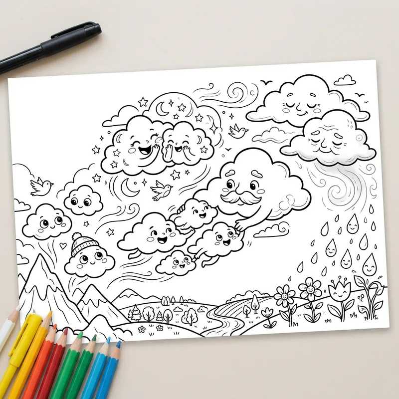 Whimsical Clouds Coloring Page | Emotive Life & Death Theme for Kids