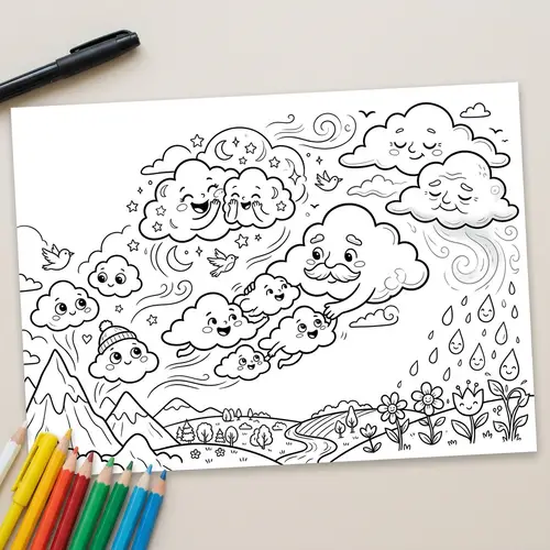 Whimsical Clouds Coloring Page | Life & Death Theme for Kids