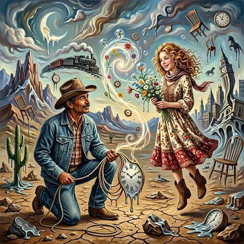 Surrealist Oil Painting of Hispanic Cowboy and European Girl