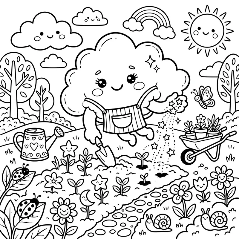 Enchanting Cloud Coloring Page: Planting Garden for Children Enchanting Cloud Coloring Page: Planting Garden for Children