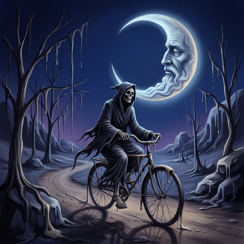 Whimsigoth Grim Reaper Riding Bicycle Under Moonlight | Surreal Art Whimsigoth Grim Reaper Riding Bicycle Under Moonlight | Surreal Art