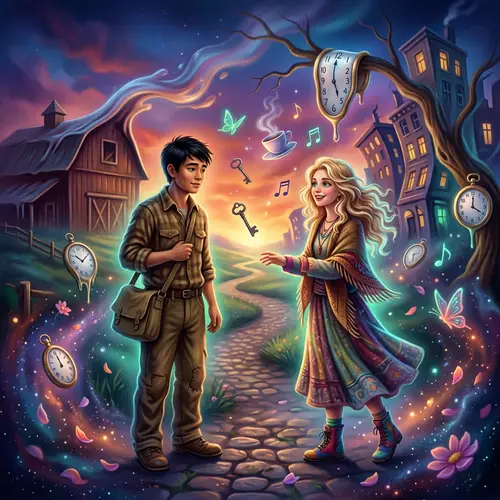 Surreal Airbrush Painting with Asian Boy and European Girl