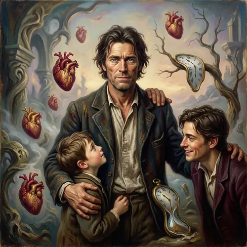 Surreal Symbolist Painting: Man Embodying Family Roles in Dreamlike Setting