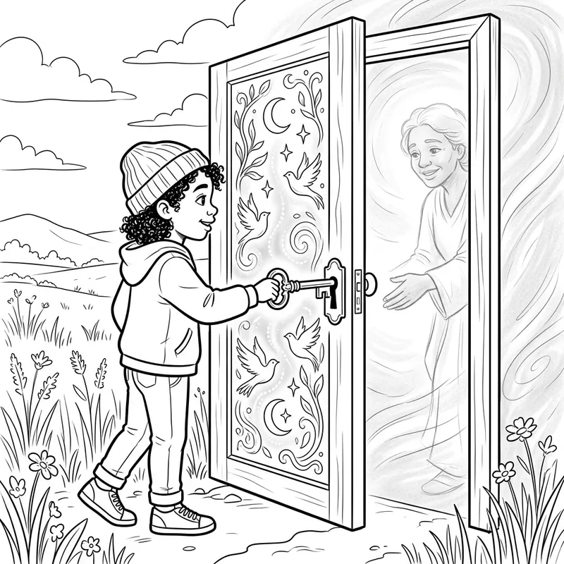 Child Coloring Page: Unlocking Imaginary Door to Talk with Deceased