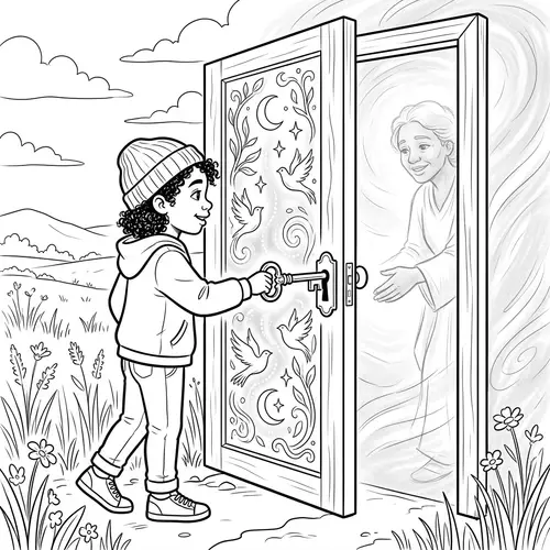 Diverse Child Turning Key to Open Ethereal Door