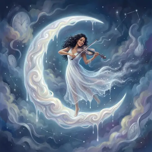 Hispanic Woman Dancing on Whimsical Crescent Moon | Moonlit Fantasy Scene