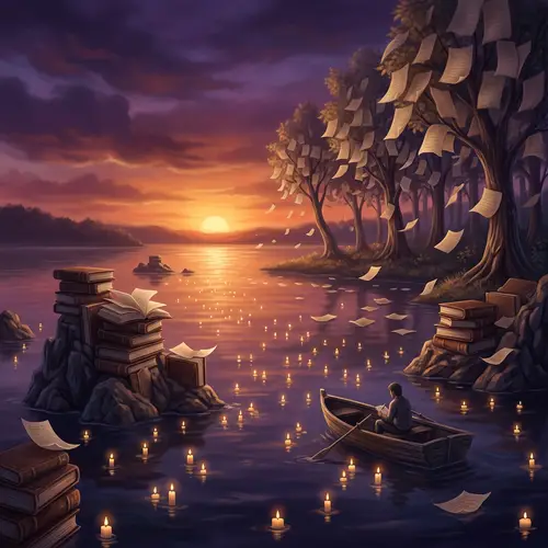 Tranquil Lakeside Sunset with Floating Candles and Paper Trees