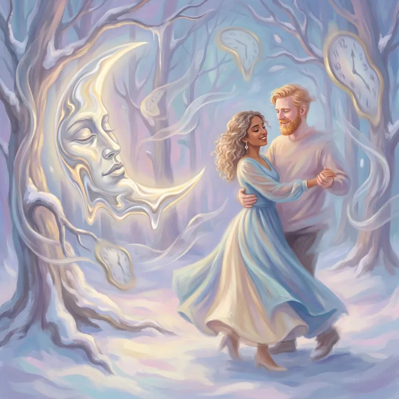 Enchanting Moonlit Dance: Surrealist Love in Snowy Forest