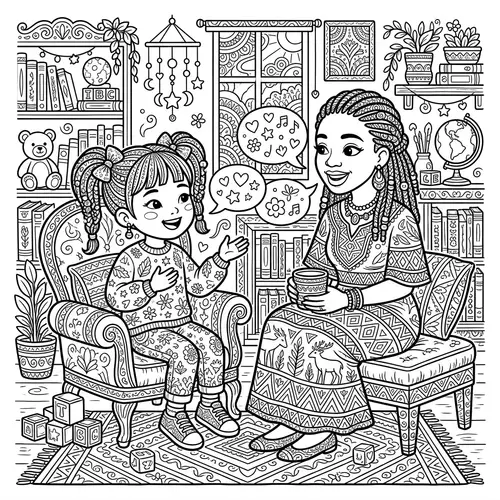 Whimsical Cartoon Style Coloring Page of Child and Adult Conversation