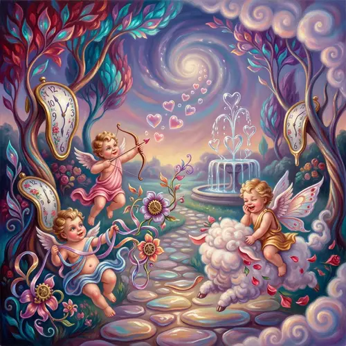 Whimsical Cupid Figures in Surreal Valentine's Day Scene