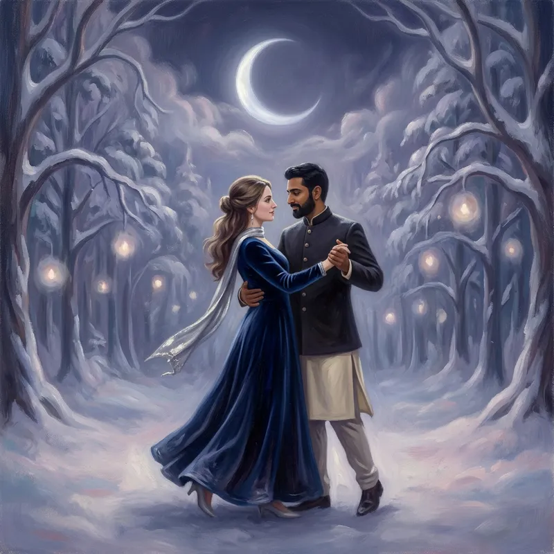 Enchanting Winter Wonderland Dance under Crescent Moon Enchanting Winter Wonderland Dance under Crescent Moon