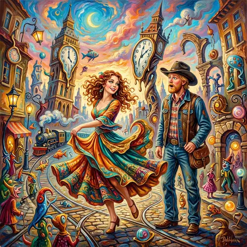 Whimsical Surreal Cityscape Oil Painting | European Woman Dancing
