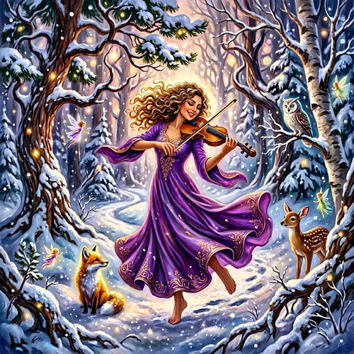 Surreal Snowy Forest Dance with Middle-Eastern Woman and Violin