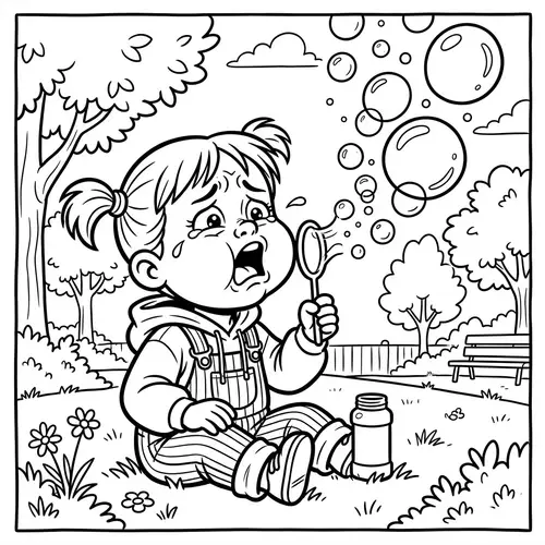 Distraught Child Blowing Bubbles - Comic Strip Style Coloring Page