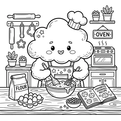 Whimsical Cloud Baking | Coloring Page for Children