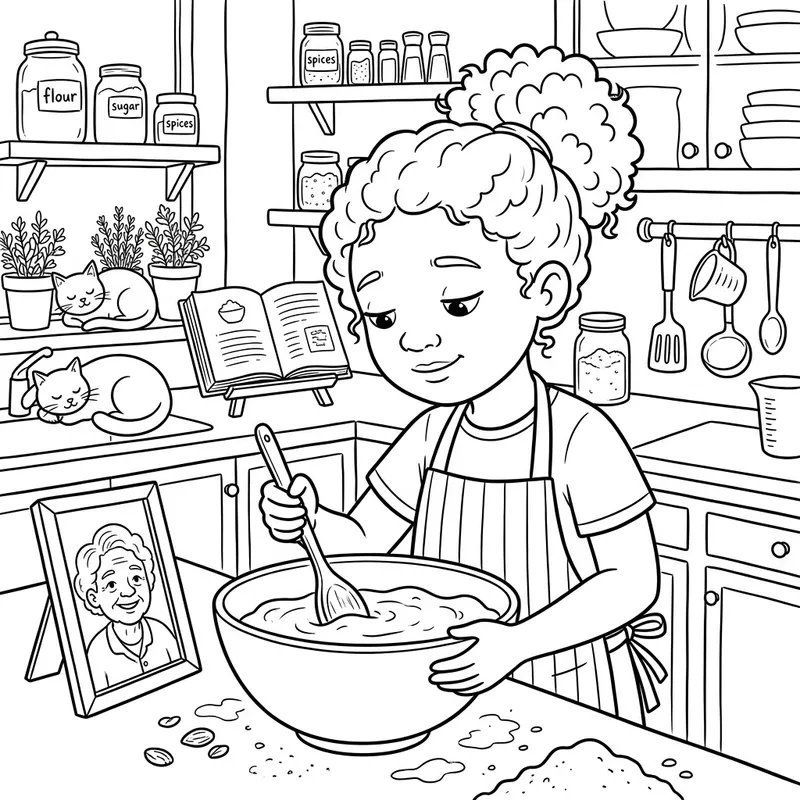 Caring Child Honoring Memory Through Whimsical Kitchen Cartoon Caring Child Honoring Memory Through Whimsical Kitchen Cartoon