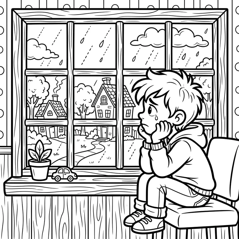 Whimsical Sad Kid Looking Out Window Cartoon Coloring Page